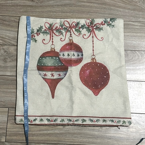 17” Square Zip On Christmas Burlap Red & Green Holiday Ornaments Pillow Cover - Picture 3 of 5
